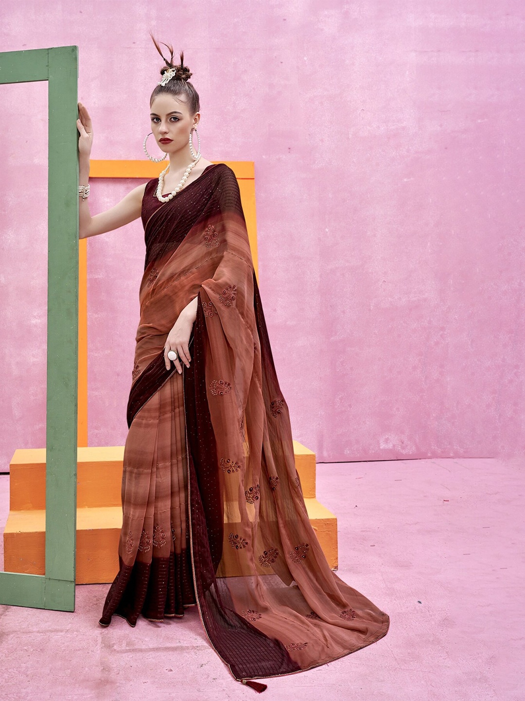 

KALINI Floral Embroidered Sequinned Saree, Brown
