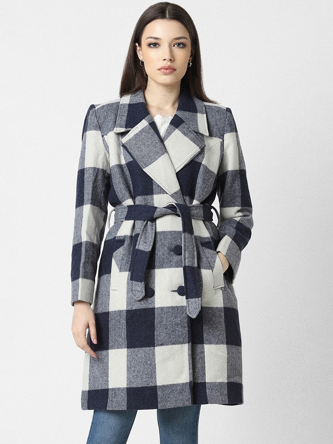 

Van Heusen Woman Checked Notched Lapel Overcoat, Blue