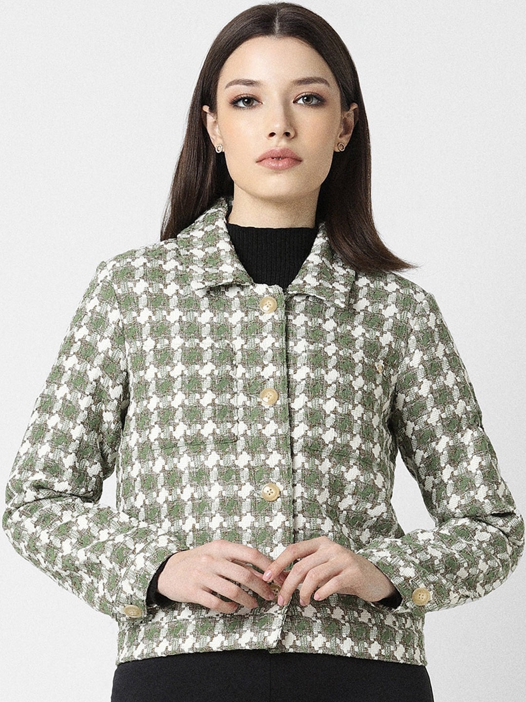 

Van Heusen Woman Self Design Open Front Jacket, Green