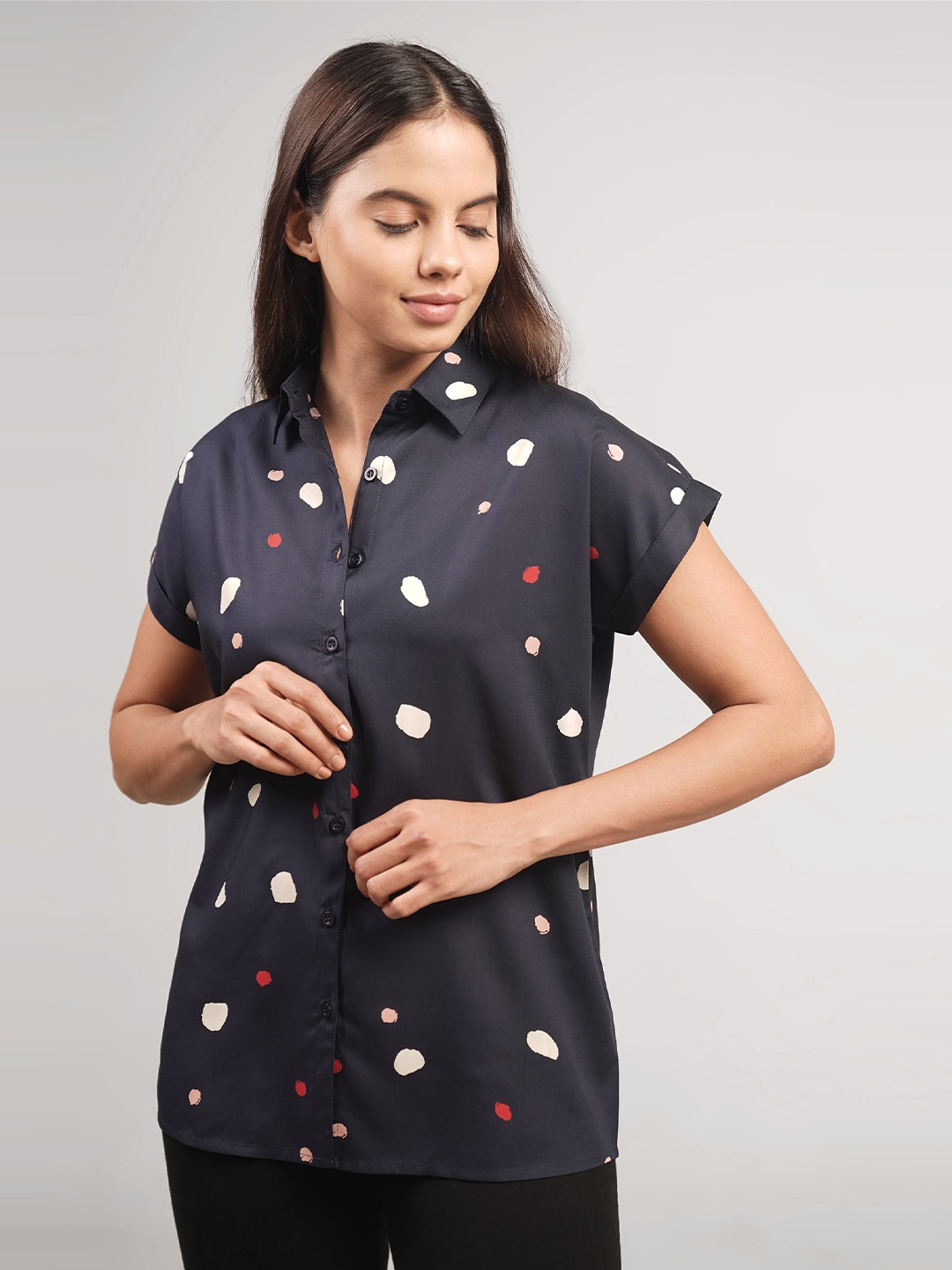

IDK Abstract Printed Extended Sleeves Shirt Style Top, Navy blue