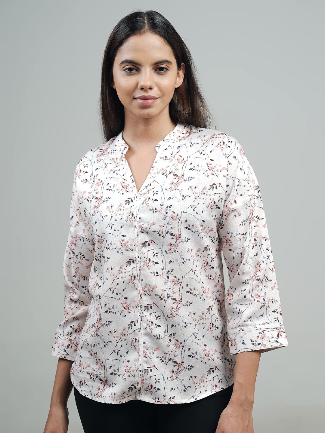 

IDK Floral Printed Mandarin Collar Top, Cream