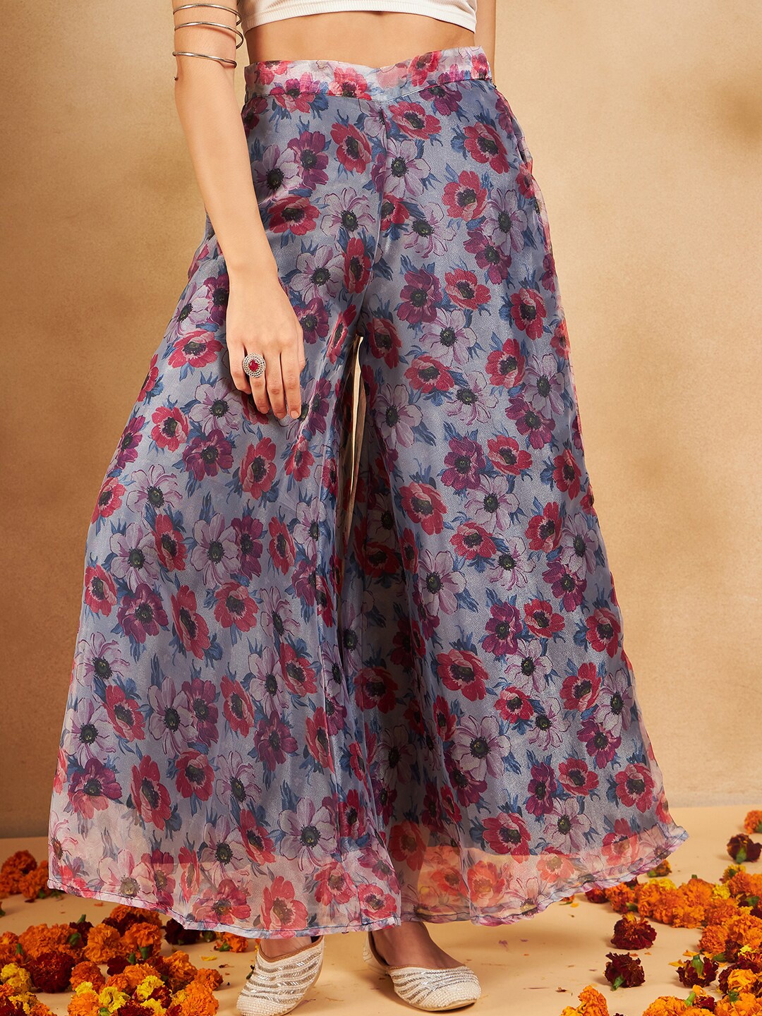 

InWeave Floral Printed Organza Flared Palazzos, Blue