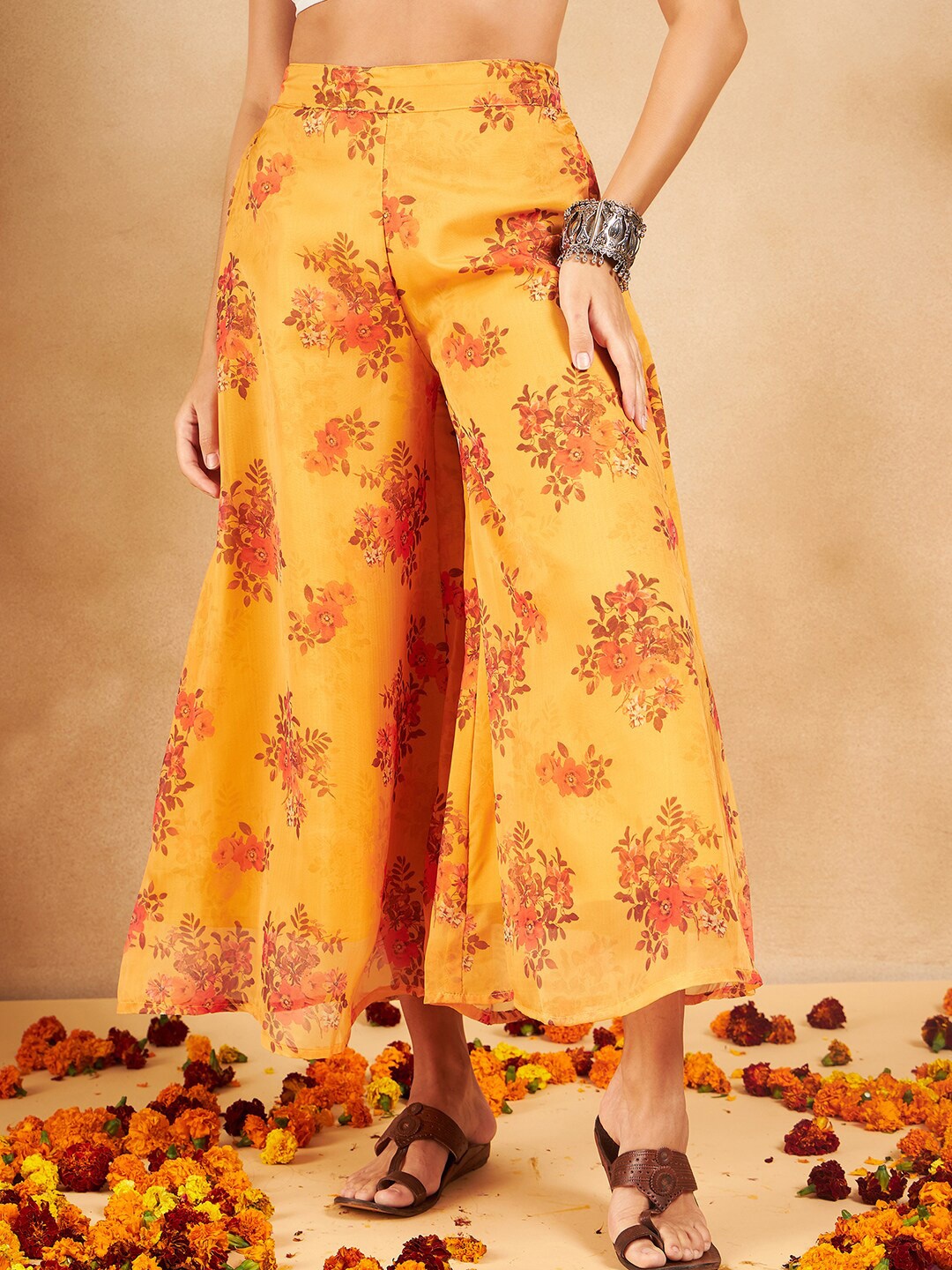 

InWeave Floral Printed Organza Flared Palazzos, Yellow