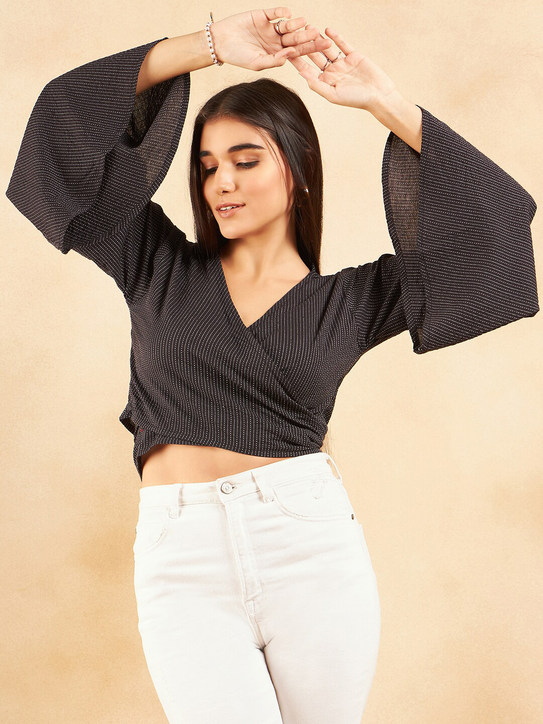 

InWeave V-Neck Flared Sleeves Cotton Wrap Crop Top, Black