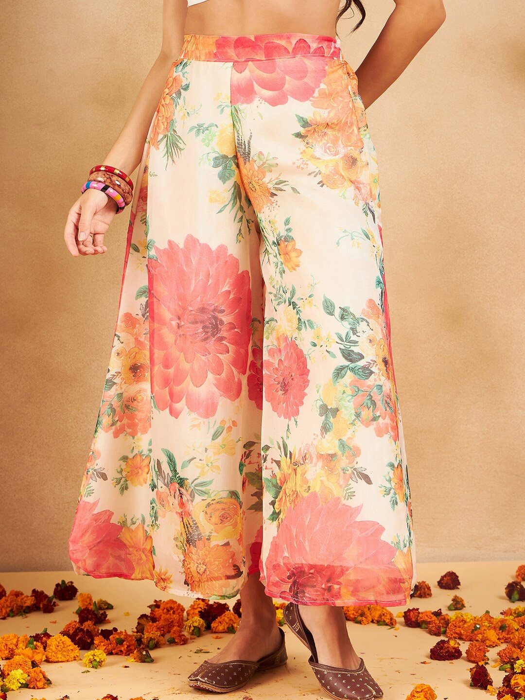 

InWeave Floral Printed Organza Flared Palazzos, Cream