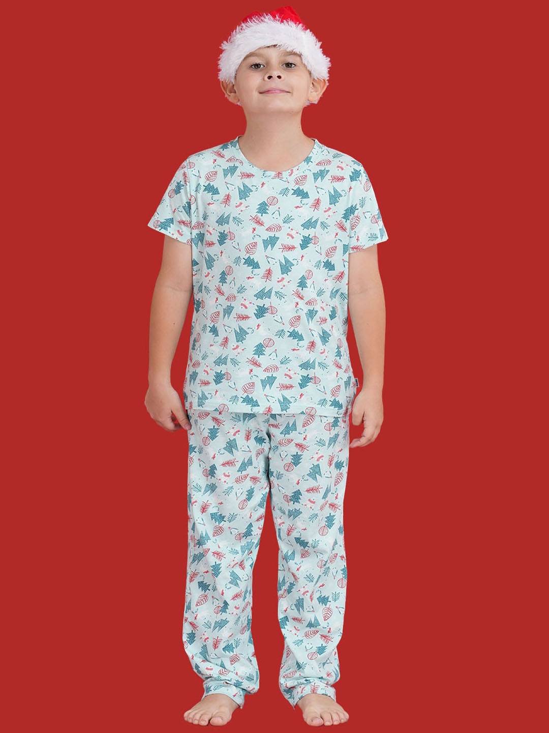 

mackly Christmas Kids All Over Printed Pure Cotton Night suit, Off white