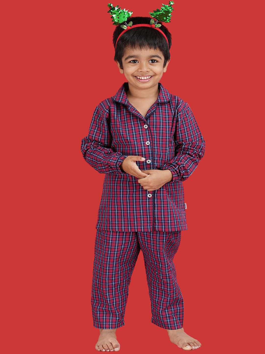 

mackly Christmas Kids Checked Pure Cotton Night suit, Maroon