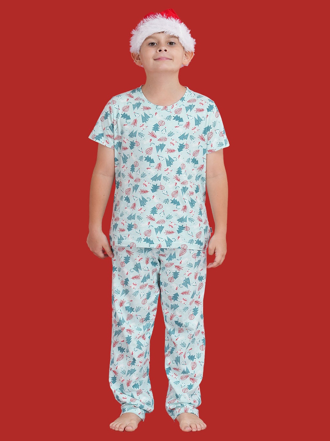 

mackly Christmas Kids All Over Printed Pure Cotton Night suit, Off white