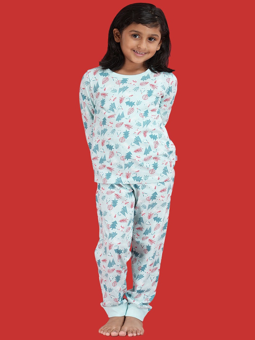 

mackly Christmas Kids All Over Printed Pure Cotton Night suit, Off white