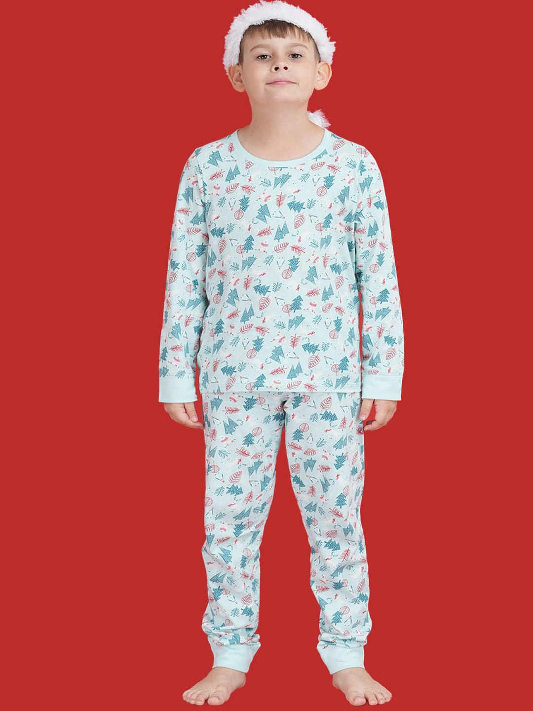 

mackly Kids Christmas Printed Pure Cotton Night Suit, Off white