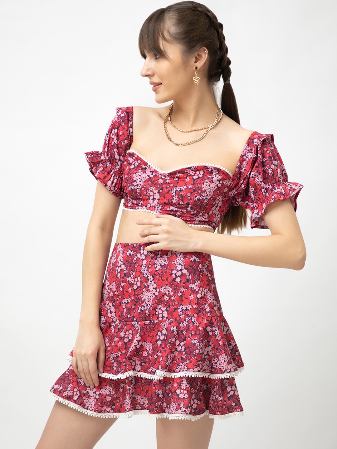

Dee Monash Floral Printed Sweetheart Neck Crop Top with Flared Layered Skirt, Red