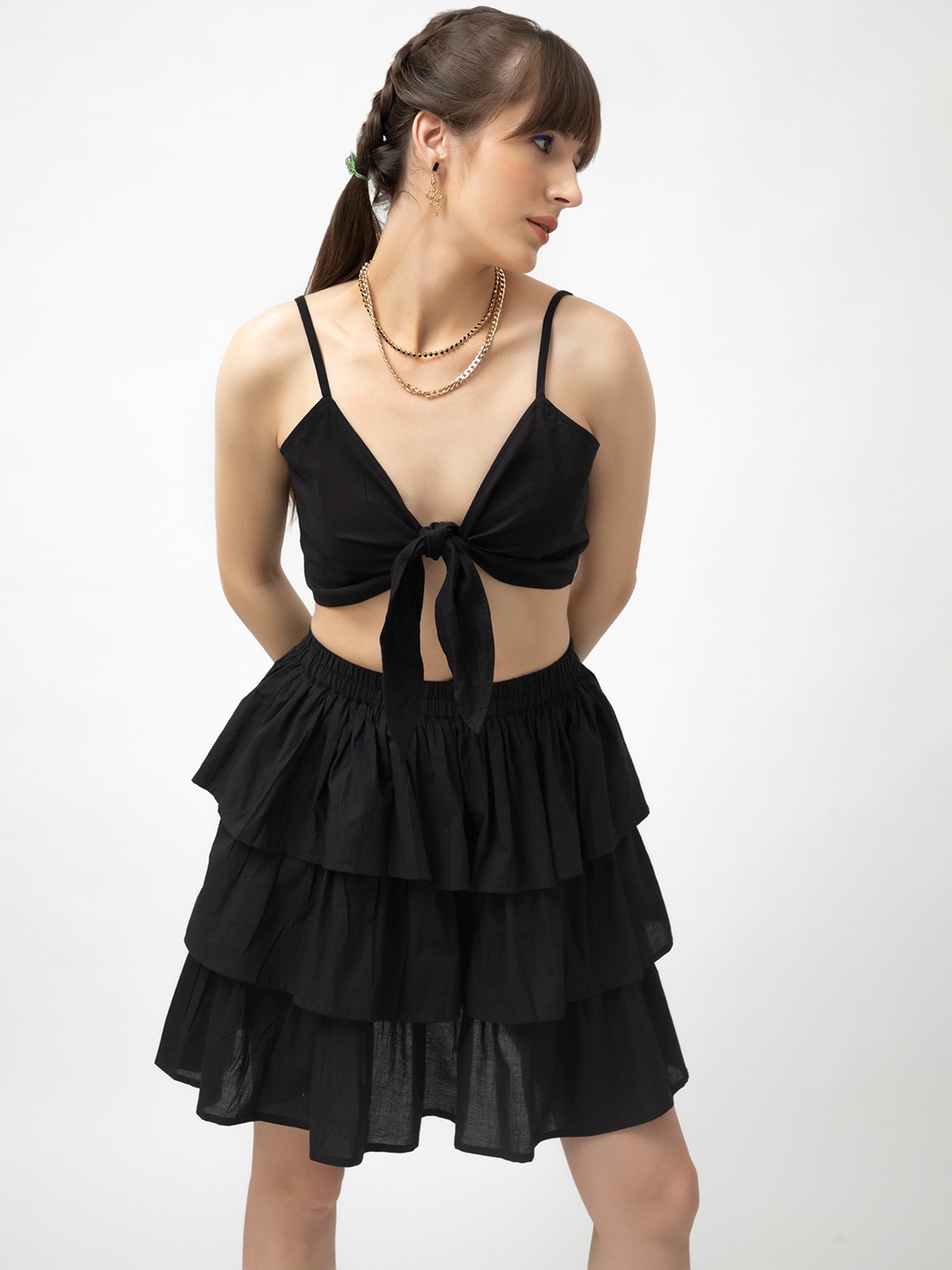 

Dee Monash Tie-Ups Sleeveless Pure Cotton Crop Top with Flared Layered Skirt, Black