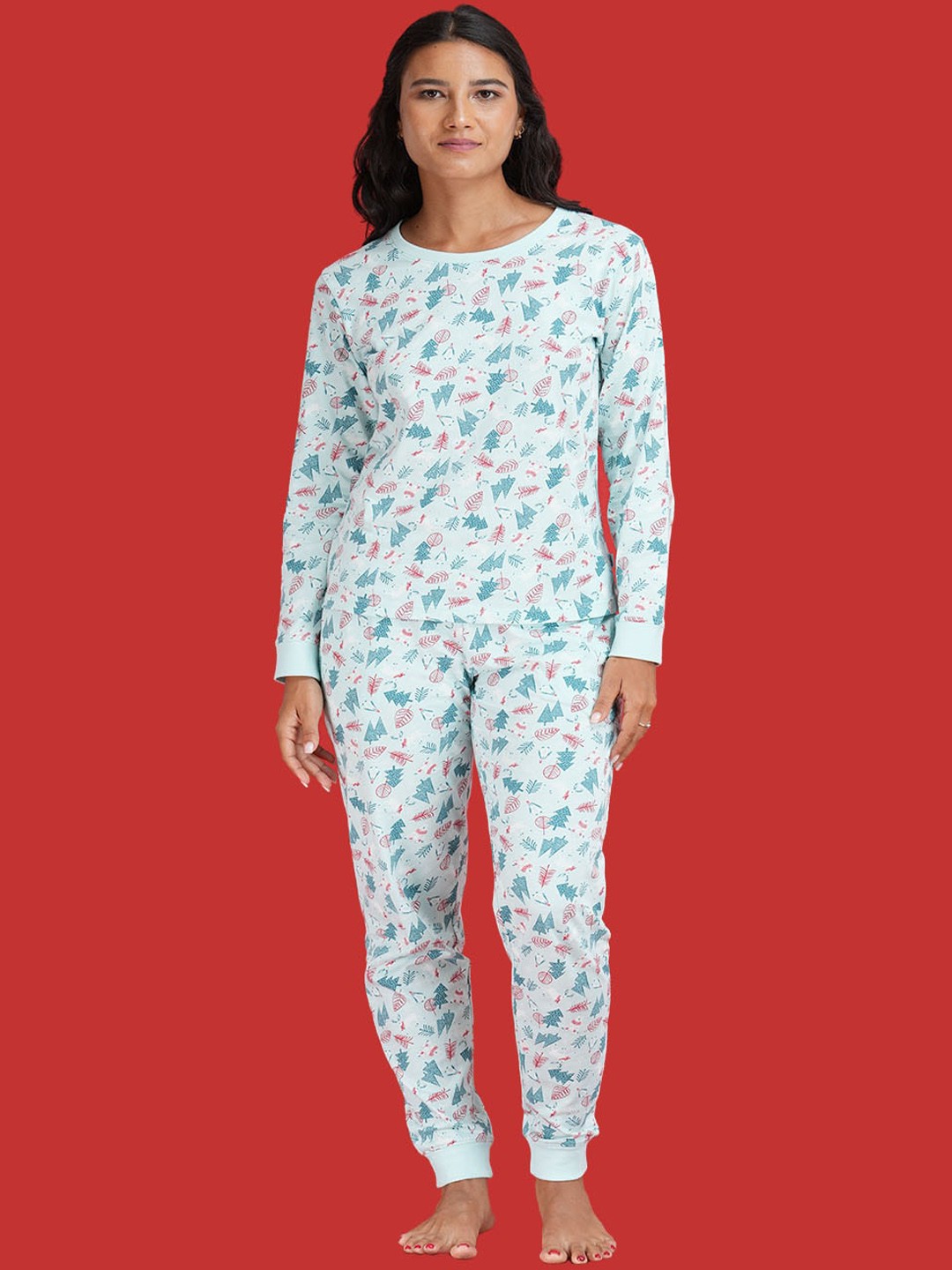 

mackly Christmas Printed Pure Cotton Night suit, Off white