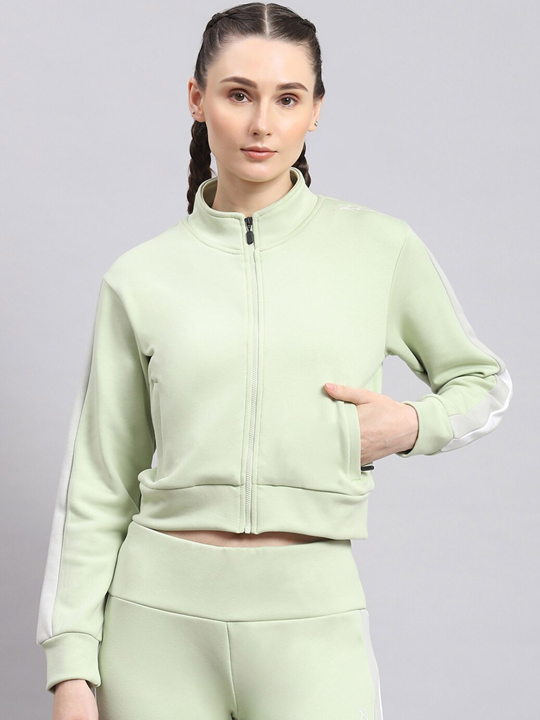

rock.it Mock Collar Crop Front-Open Sweatshirt, Green