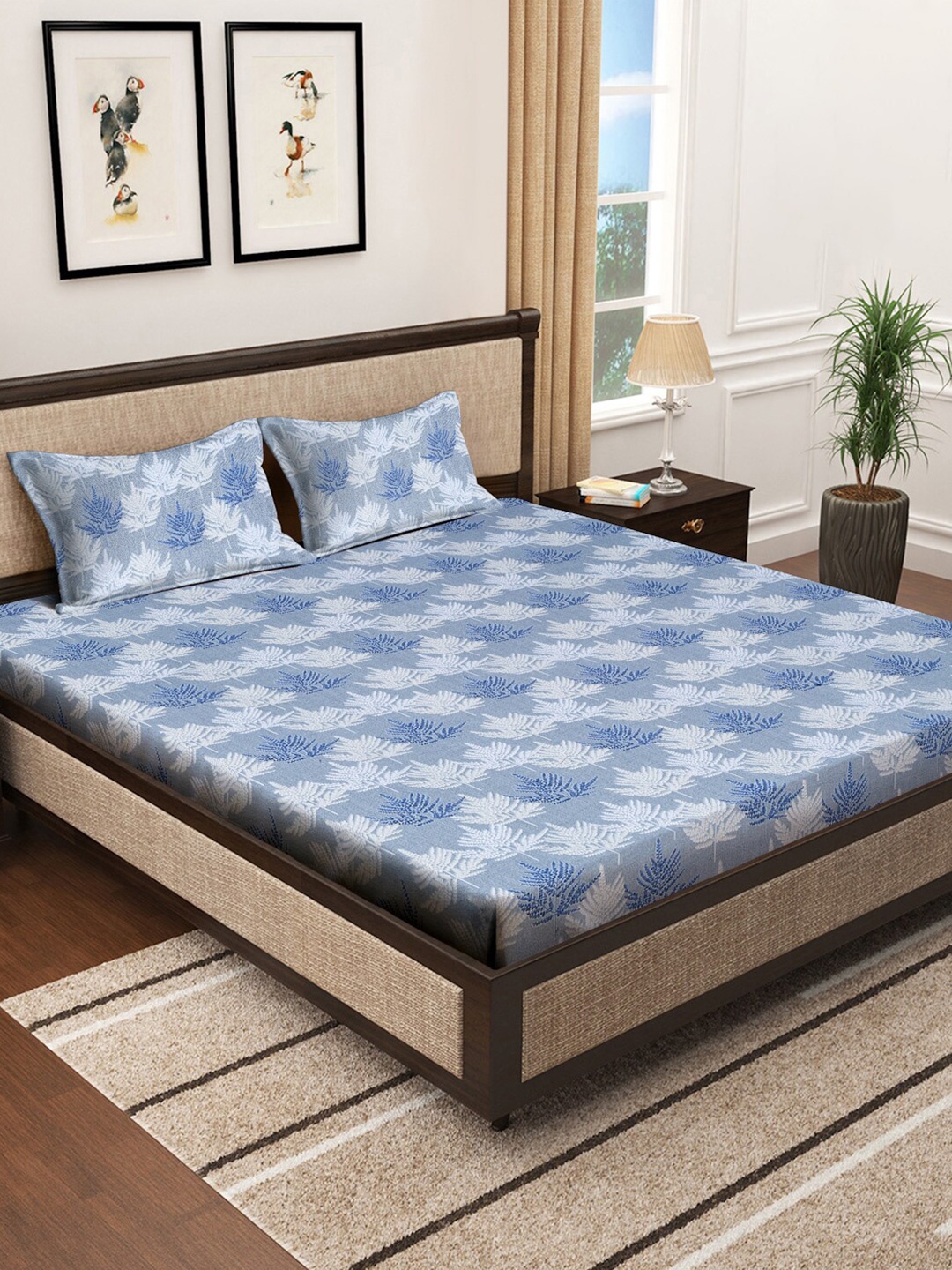 KLOTTHE Grey & Blue Printed 400 TC Cotton Double King Bedsheet With 2 Pillow Covers
