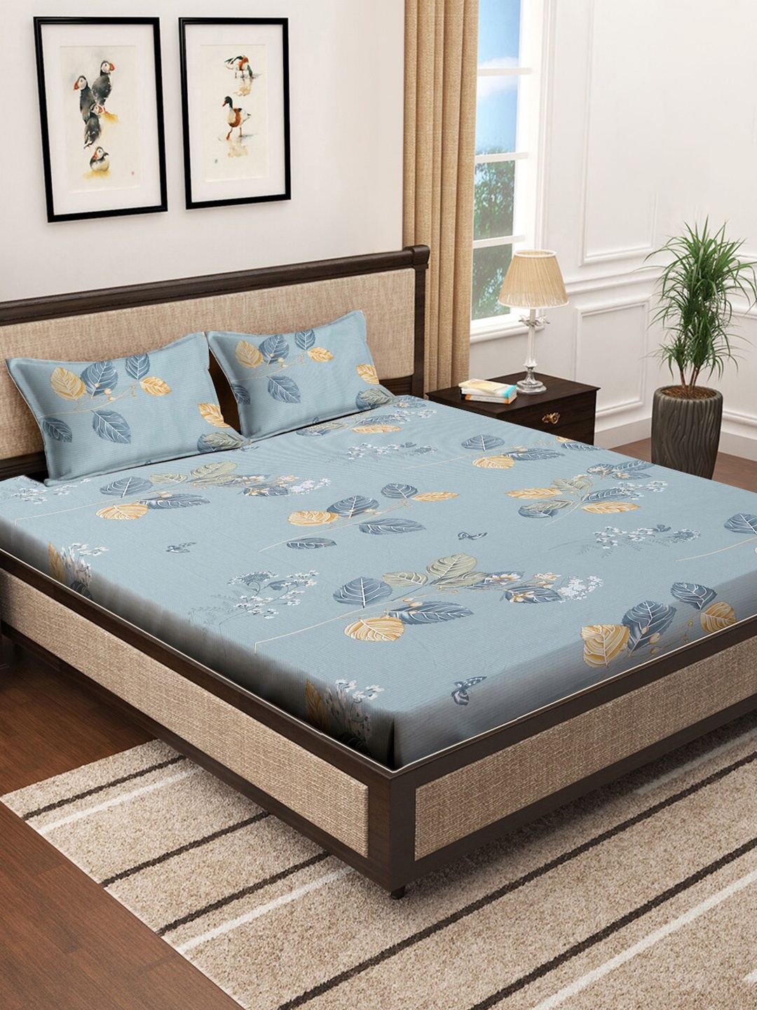 KLOTTHE Grey & Beige Printed 400 TC Pure Cotton Double King Bedsheet with 2 Pillow Covers