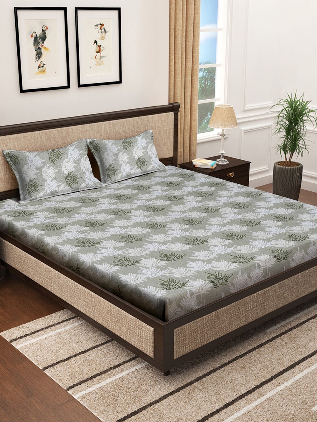 

White & Green Floral 400 TC Pure Cotton Double King Bedsheet With 2 Pillow Covers
