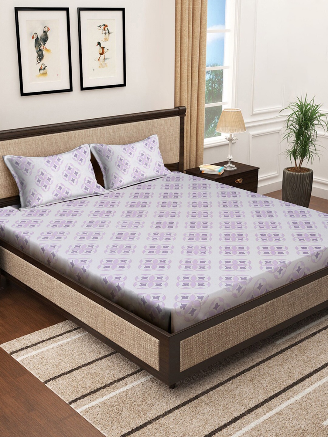 

KLOTTHE Purple Printed 400 TC Pure Cotton Double Bed Bedsheet with 2 Pillow Covers