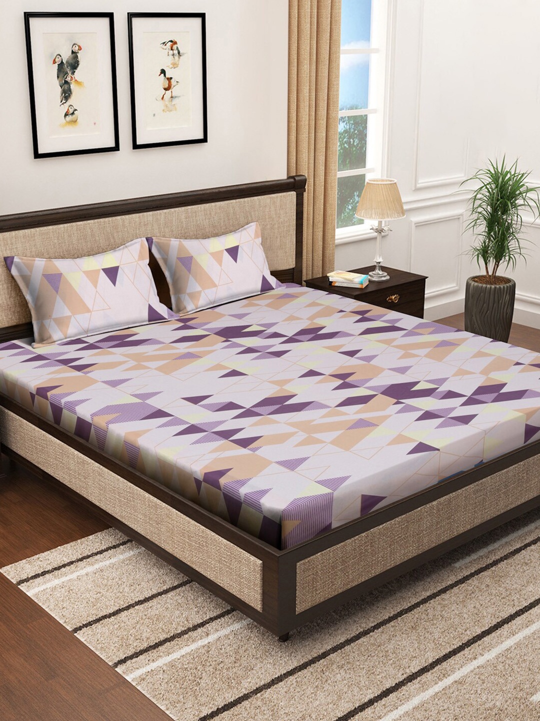 KLOTTHE White & Purple 400 TC Pure Cotton Double King Bedsheet With 2 Pillow Covers