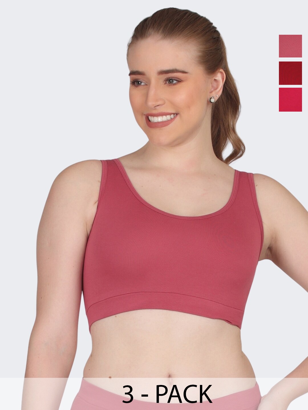 

POOJA RAGENEE Pack Of 3 Full Coverage Non Padded Cotton Workout Bra With All Day Comfort, Pink