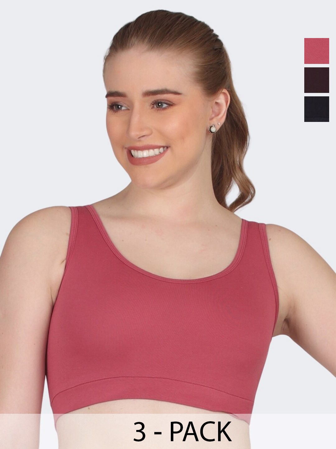 

POOJA RAGENEE Pack Of 3 Full Coverage Cotton Sports Bras With All Day Comfort, Pink