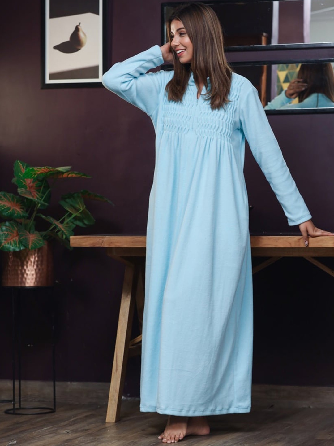 

FEATHERS CLOSET Pleated Woollen Maxi Nightdress, Blue