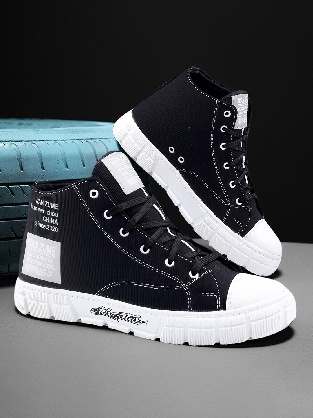 

IMCOLUS Men Contrast Sole Canvas Mid-Top Sneakers, Black