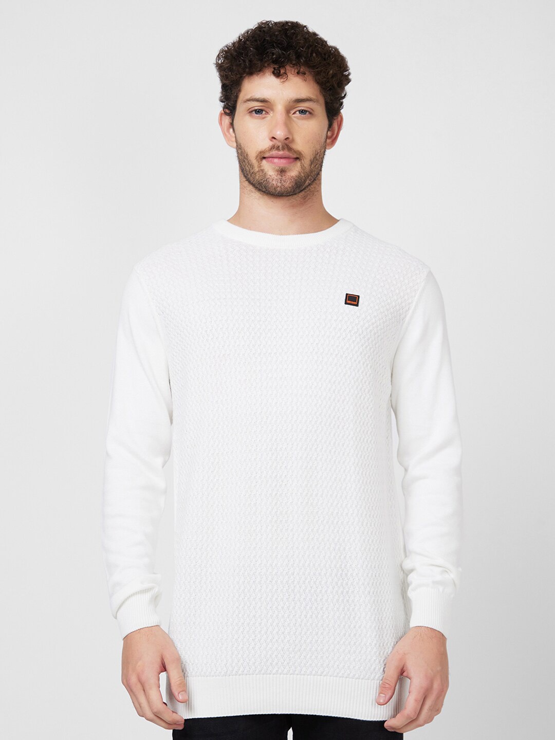

SPYKAR Cable Knit Round Neck Long Sleeves Cotton Pullover Sweater, White