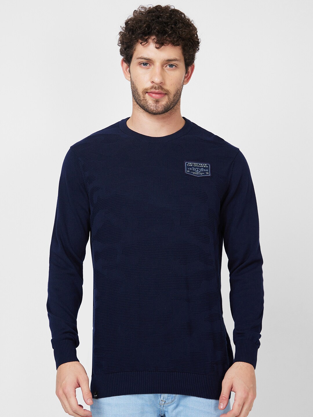 

SPYKAR Cable Knit Round Neck Long Sleeves Cotton Pullover Sweater, Blue