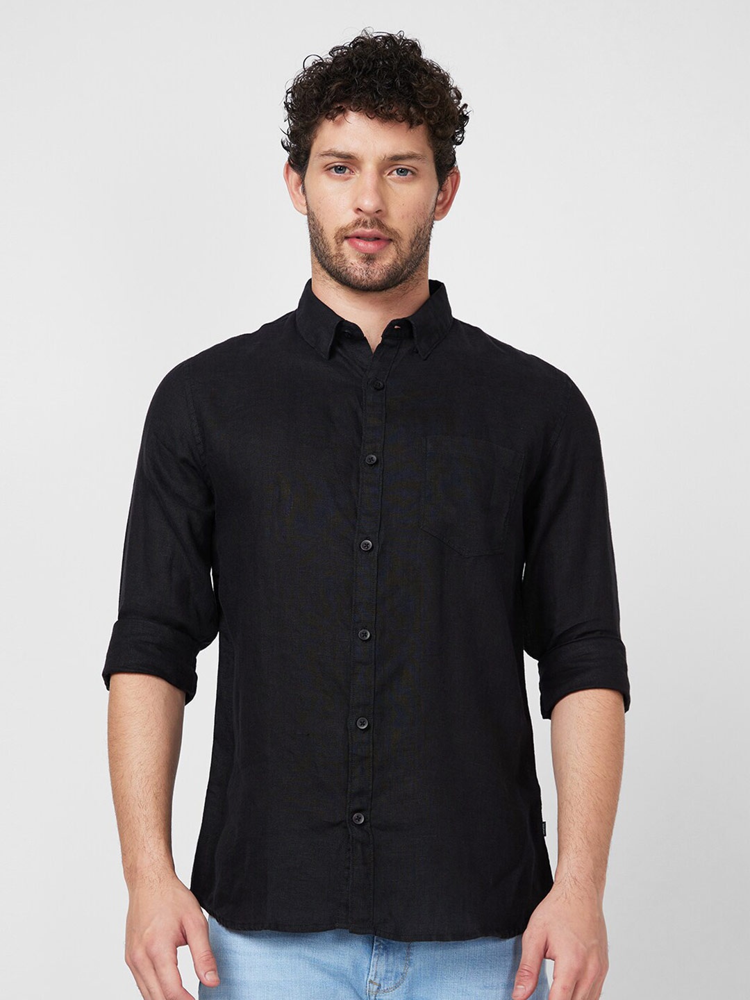 

SPYKAR Spread Collar Long Sleeves Linen Casual Shirt, Black