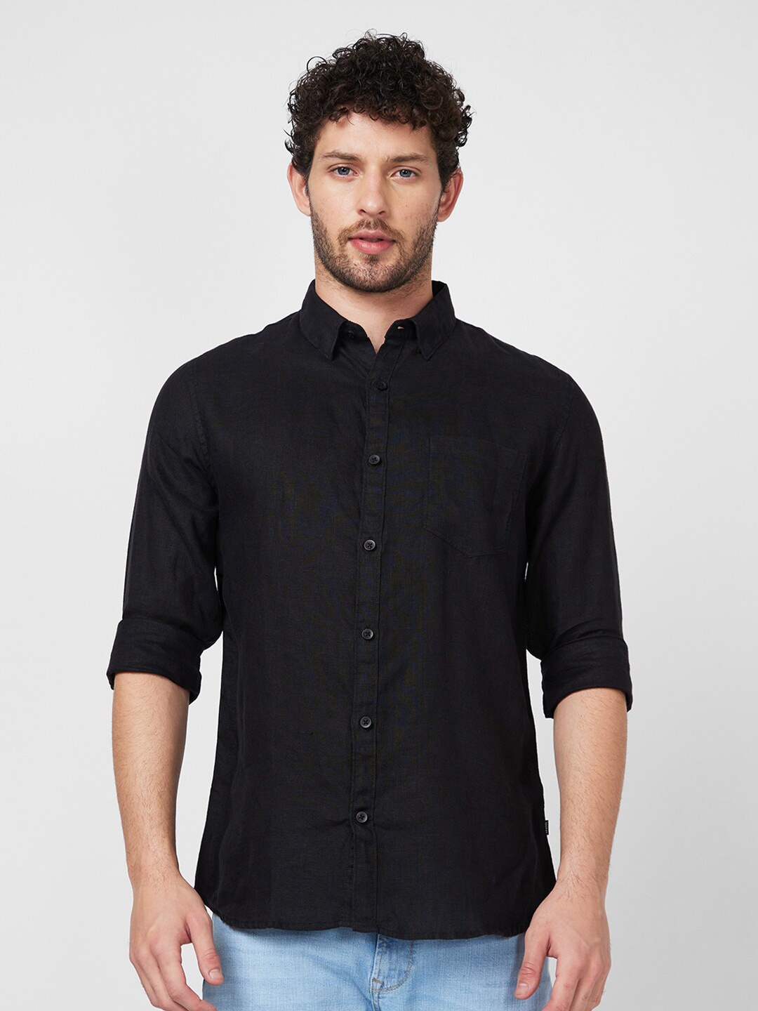 

SPYKAR Spread Collar Linen Denim Casual Shirt, Black