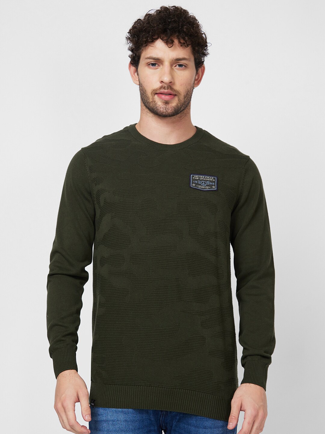 

SPYKAR Round Neck Long Sleeves Self Design Cotton Sweater, Green