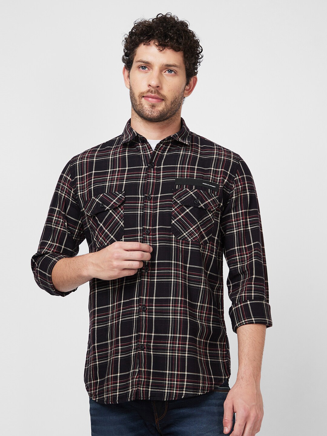 

SPYKAR Tartan Checked Spread Collar Denim Casual Cotton Shirt, Black