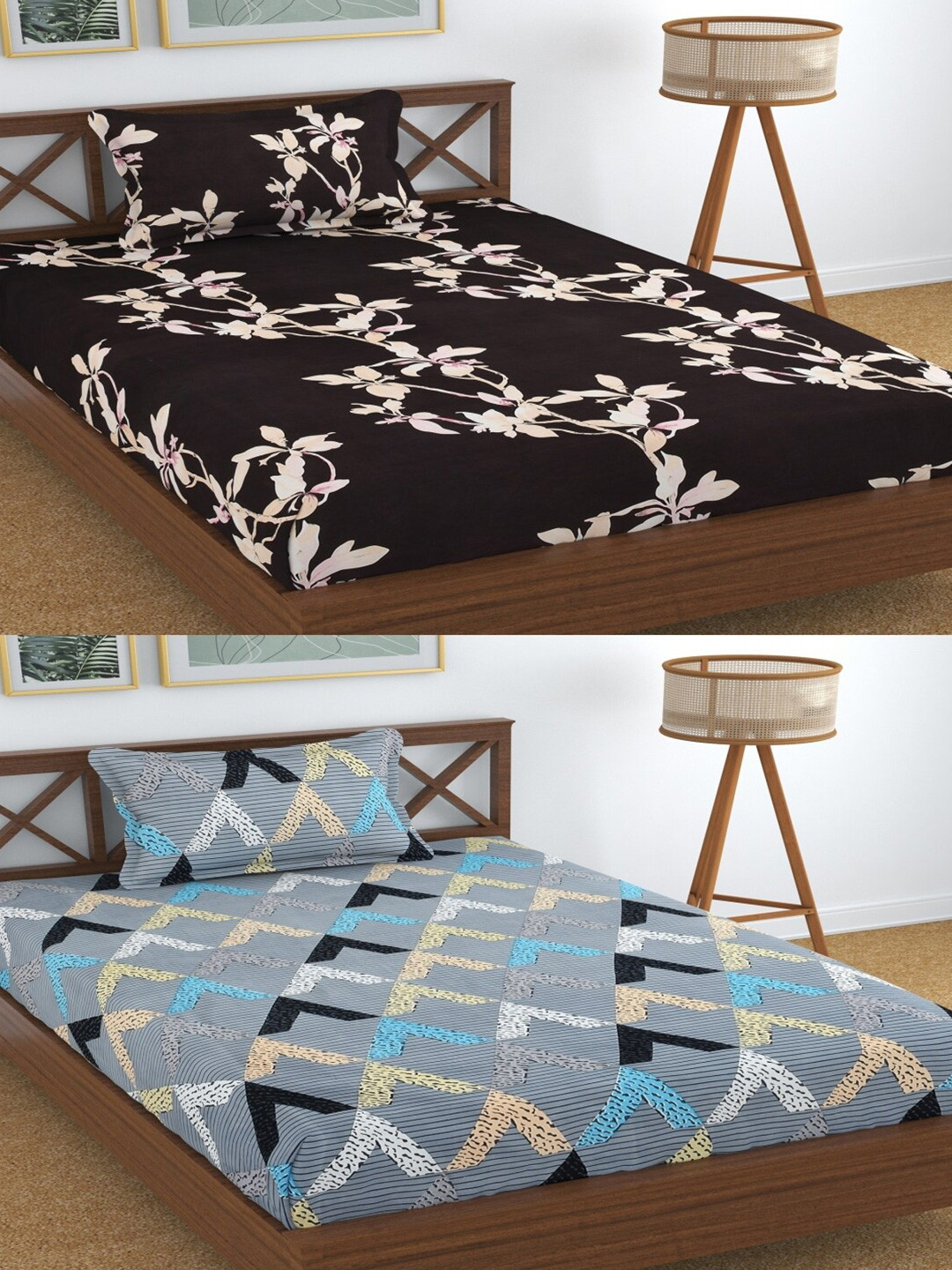 

Aura Coffe Brown & Grey 2 Pcs 180 TC Geometric Single Bedsheets with 2 Pillow Covers, Coffee brown