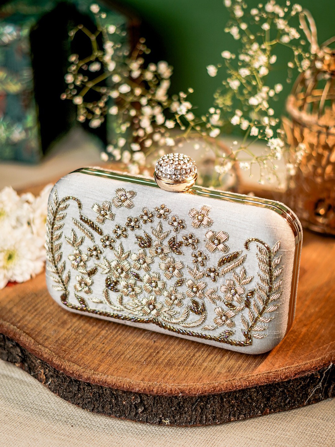

Anouk Grey Embroidered Embellished Box Clutch, White