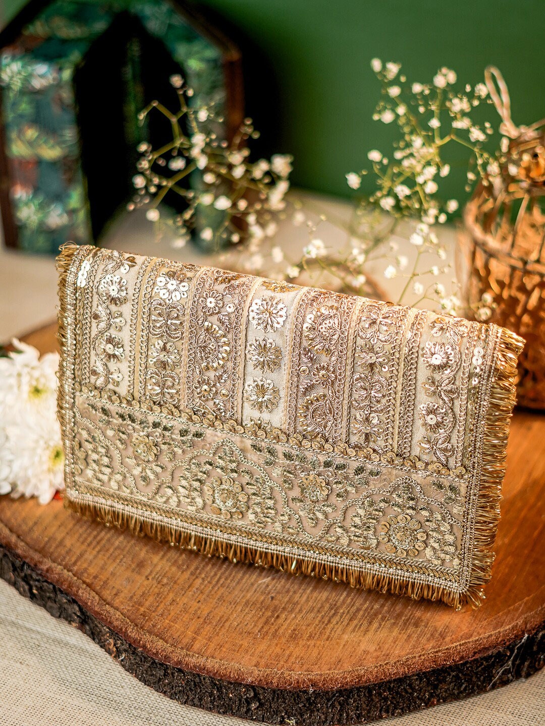 

Anouk Embroidered Foldover Clutch, Gold