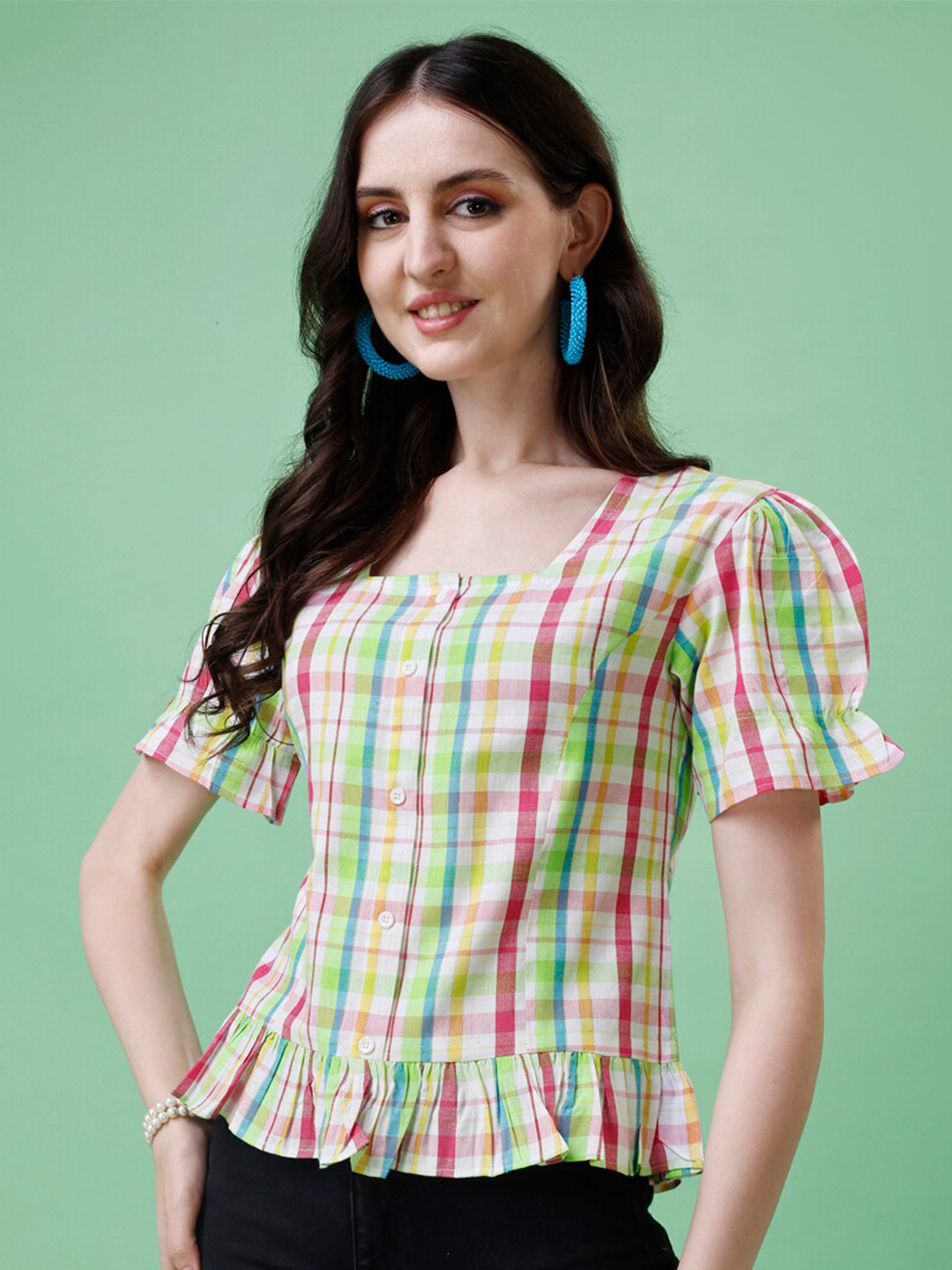 

Kinjo Checked Puff Sleeves Cotton Peplum Top, White