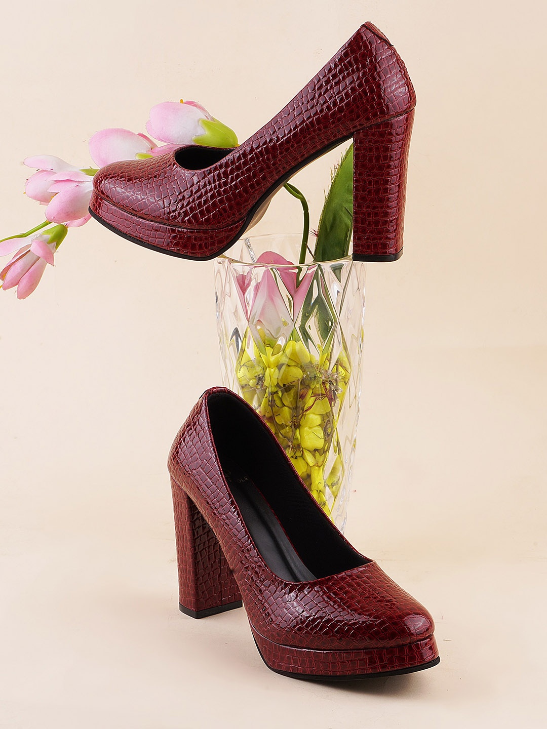 

THE WHITE POLE Textured Round Toe Platform Heels, Maroon