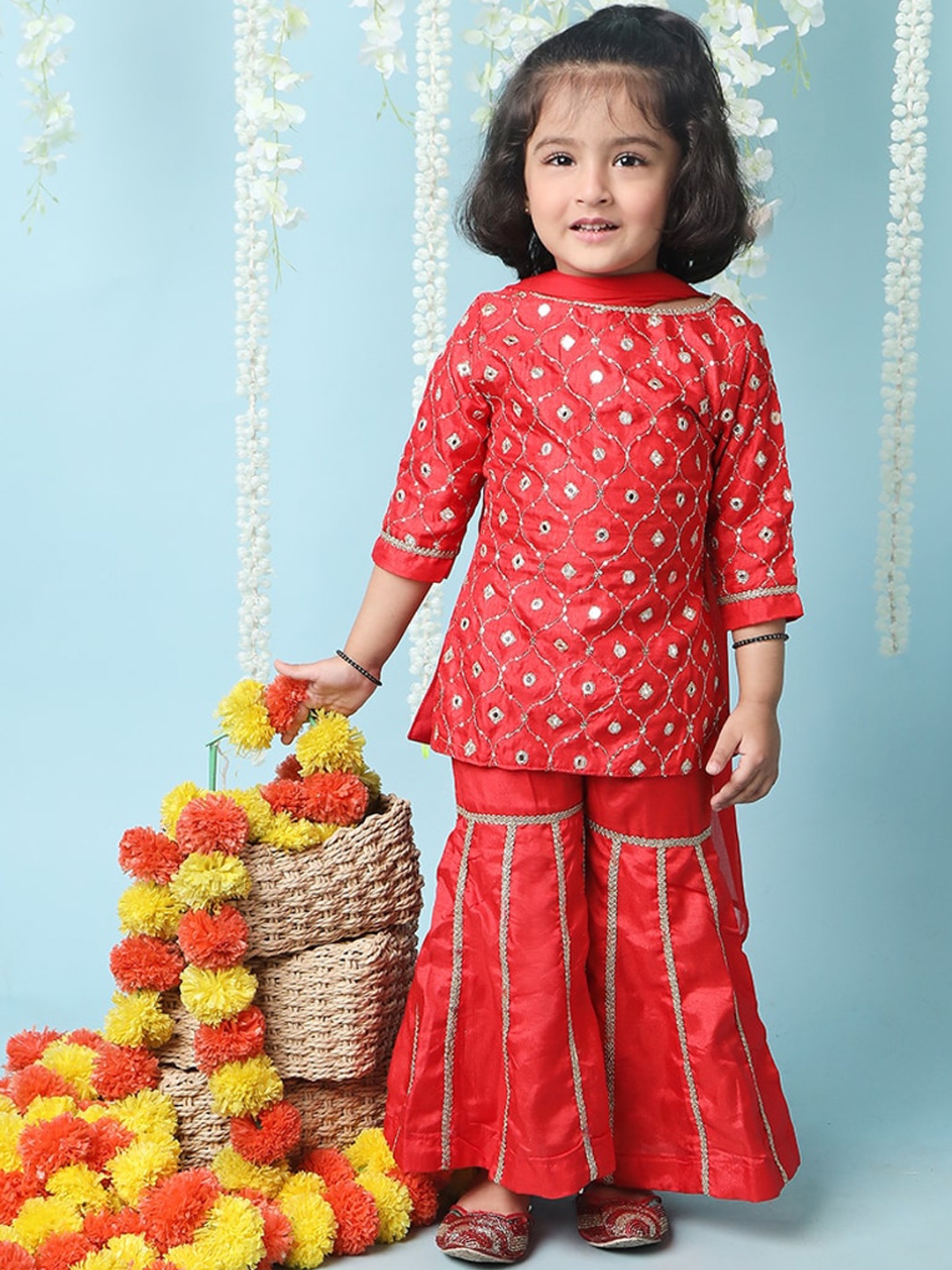 

KID1 Girls Ethnic Motifs Embroidered Kurti with Sharara & Dupatta, Red