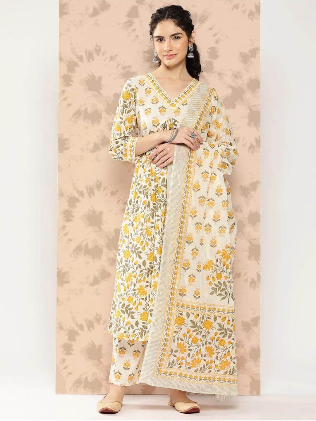 

Assamica Floral Printed Pure Cotton Kurta With Palazzos & Dupatta, Yellow