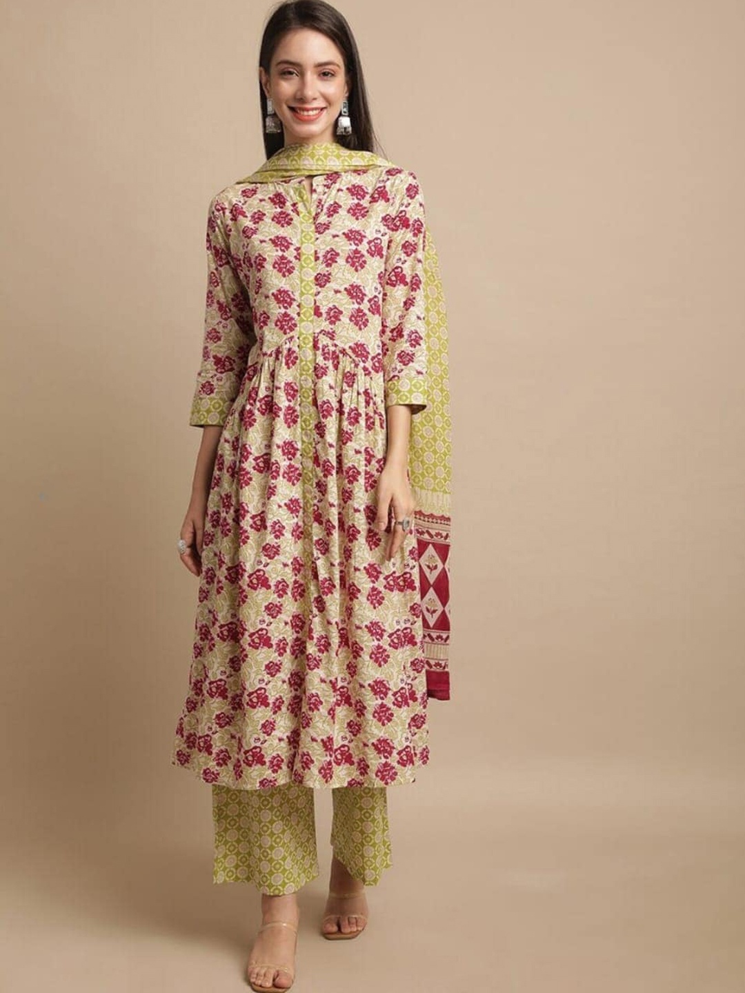 

Assamica Floral Printed Pure Cotton Kurta With Palazzos & Dupatta, Green