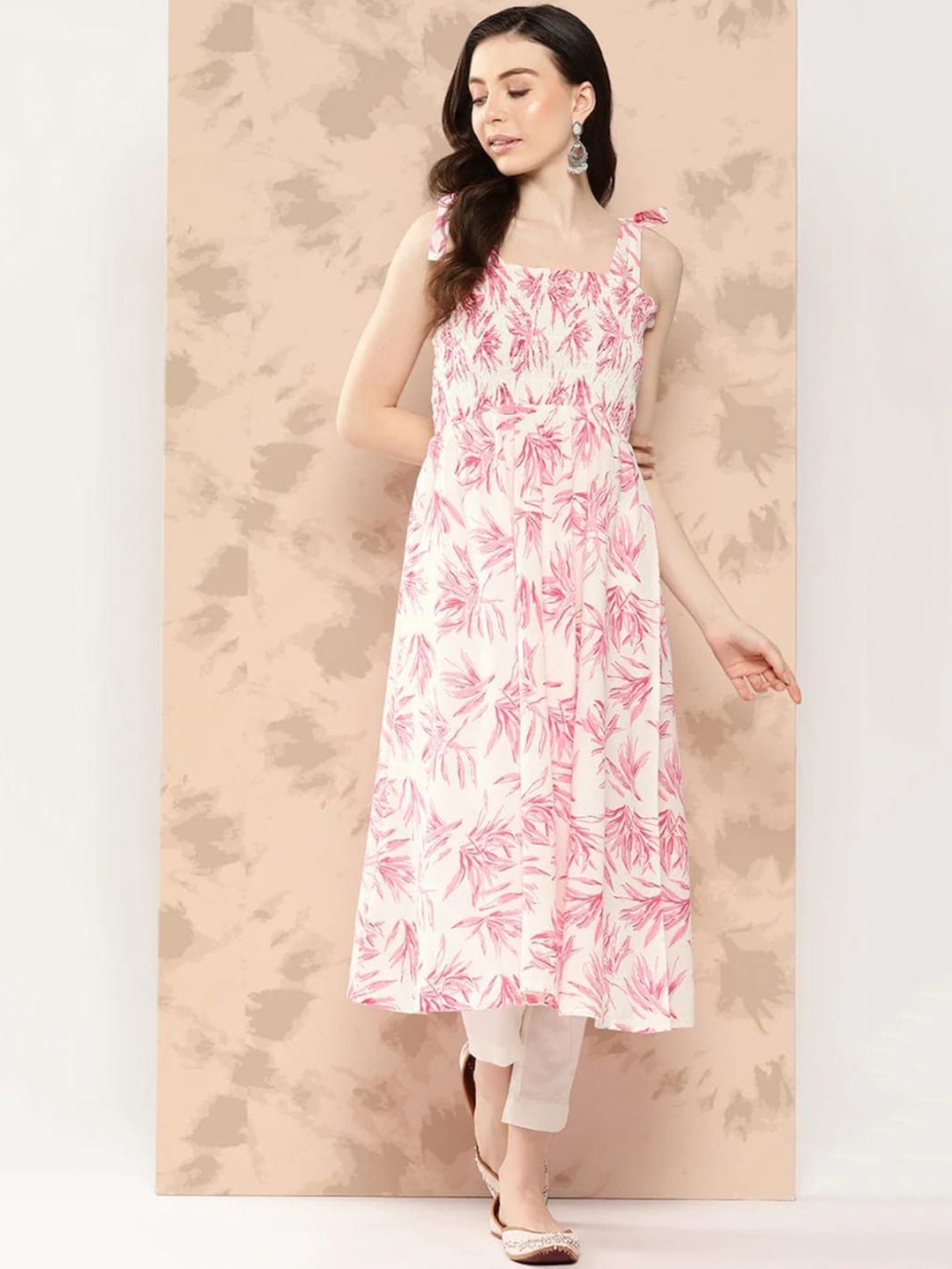 

Assamica Floral Printed Shoulder Strap Smocked A-Line Kurta, White