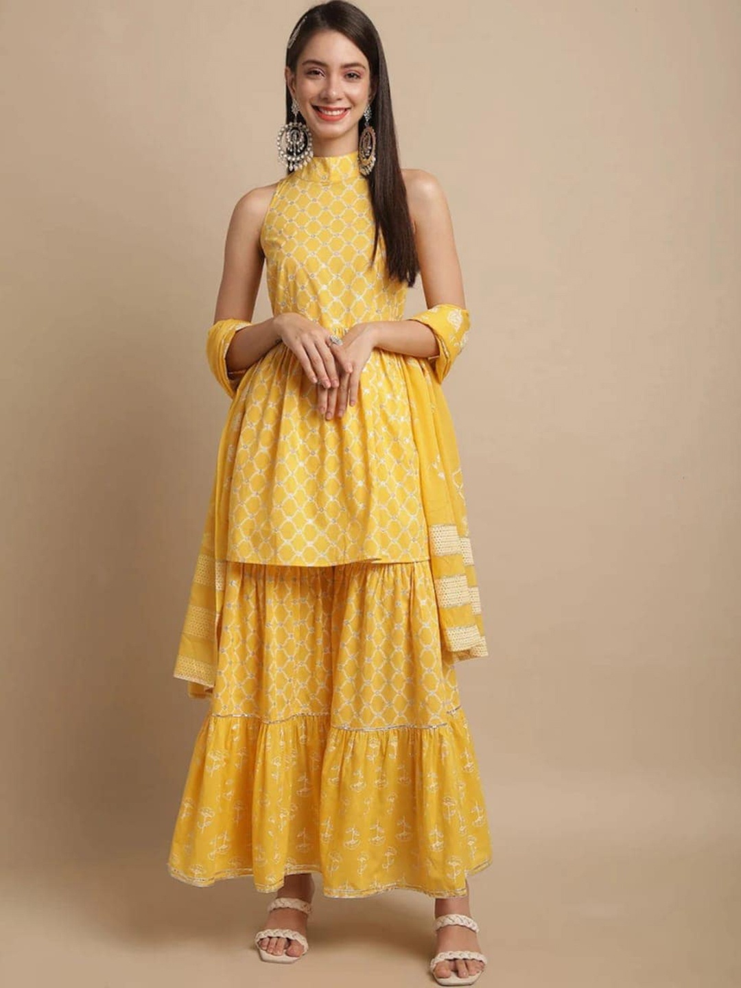 

Assamica Ethnic Motifs Printed Pure Cotton A Line Kurta With Sharara & Dupatta, Yellow