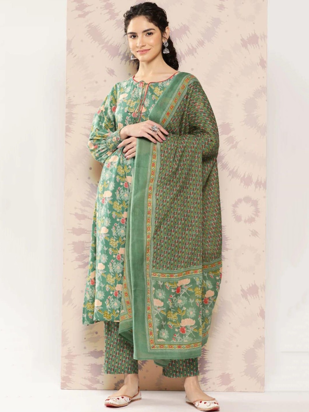 

Assamica Floral Printed Regular Pure Cotton Straight Kurta with Palazzos & With Dupatta, Green