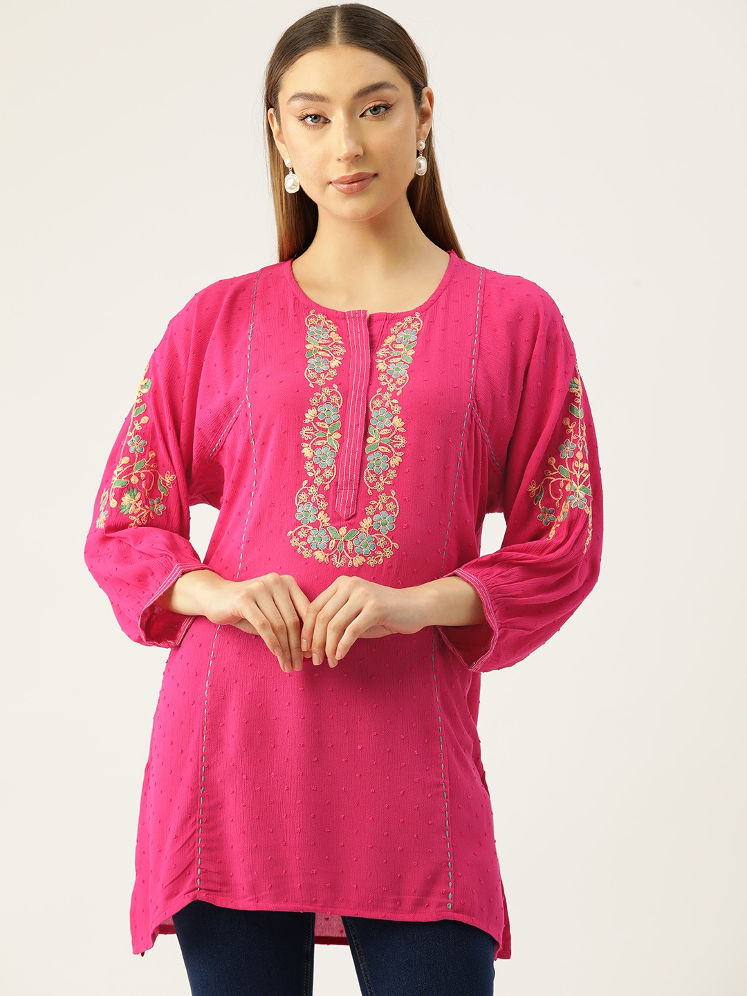 

MISRI Embroidered Puff Sleeves Tunic, Pink