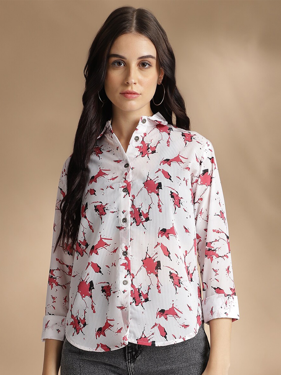 

Colors of Earth Classic Printed Spread Collar Georgette Casual Shirt, Pink