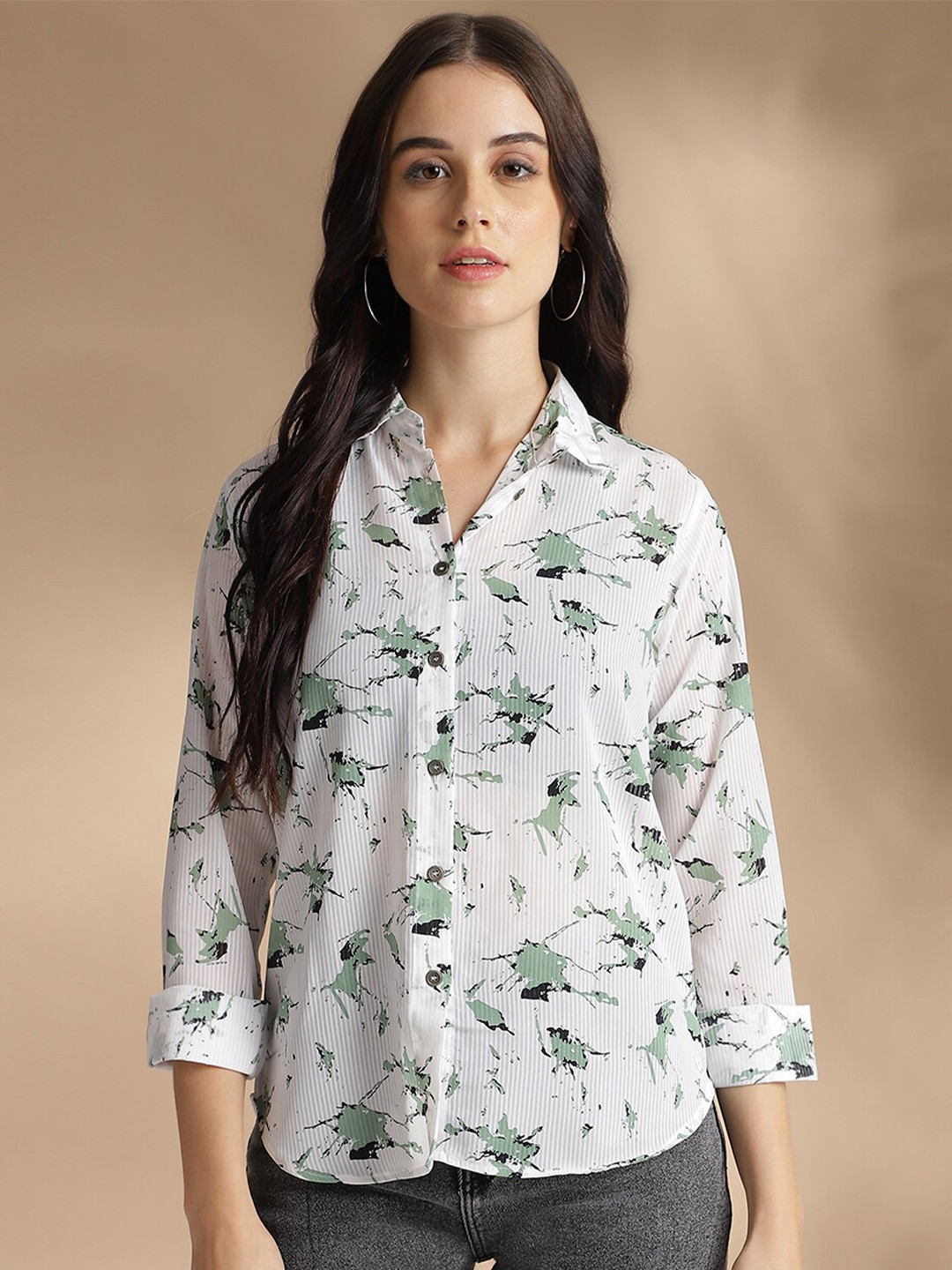 

Colors of Earth Classic Printed Spread Collar Georgette Casual Shirt, Green