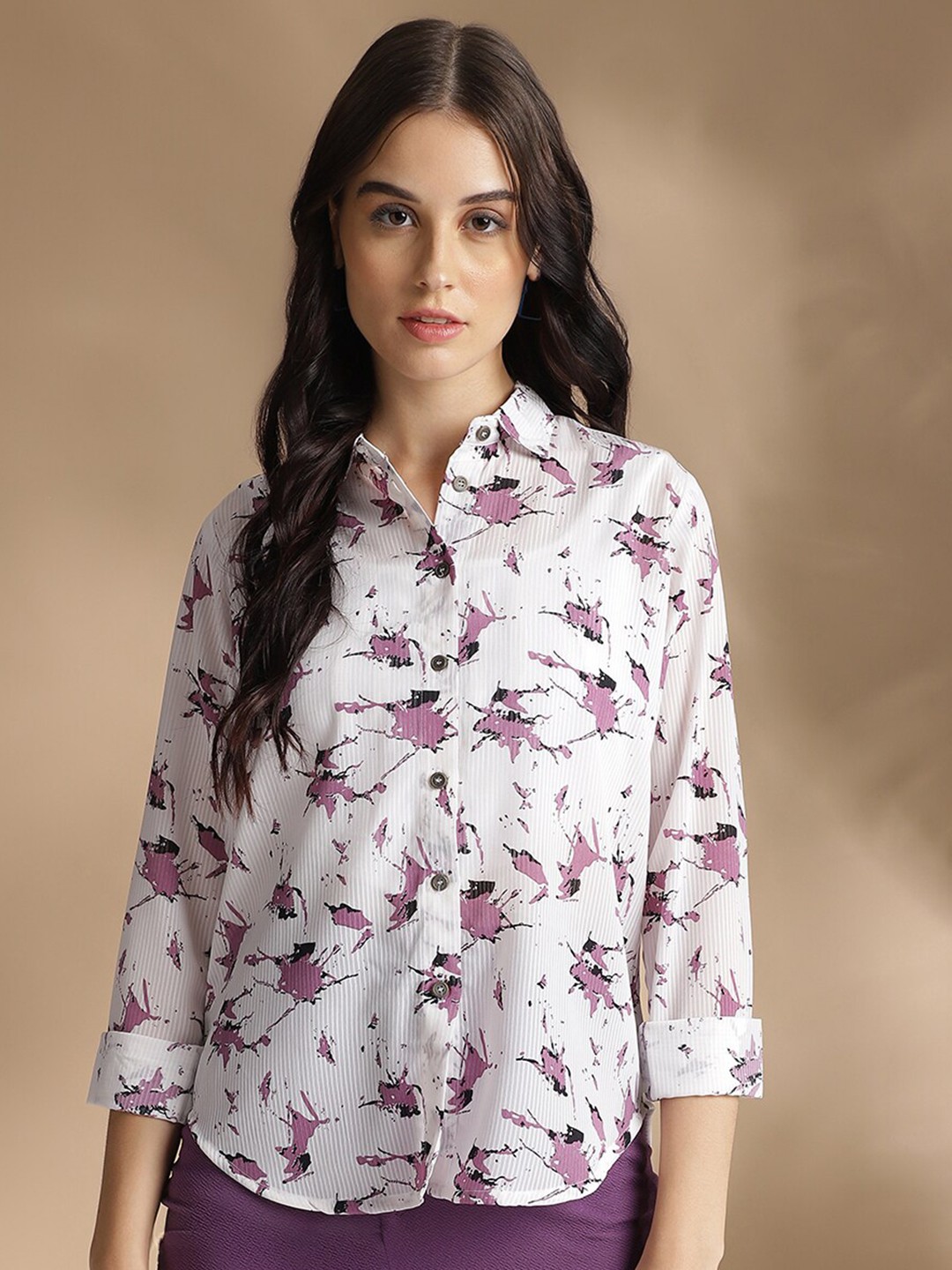 

Colors of Earth Classic Abstract Printed Spread Collar Shirt, Purple