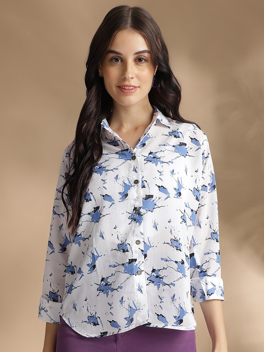 

Colors of Earth Classic Abstract Printed Spread Collar Shirt, Blue