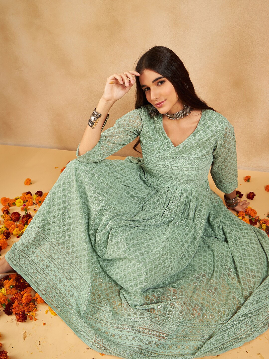 

Sangria Ethnic Motifs Embroidered Sequinned Chikankari Georgette Anarkali Kurta, Green